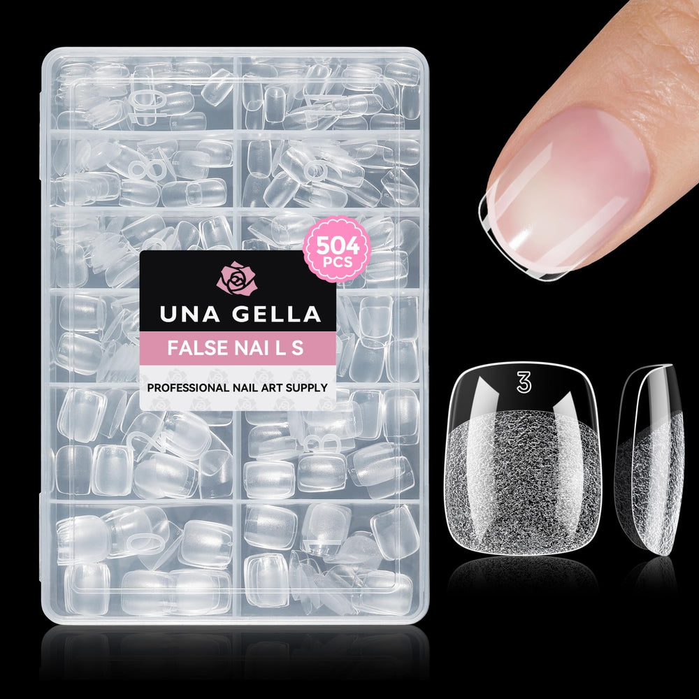 UNA GELLA front packaging showing 504 short squoval tips and clear branding benefit: easy startup