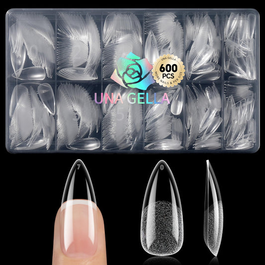 UNA GELLA front packaging showing full 600-piece stiletto kit and benefits