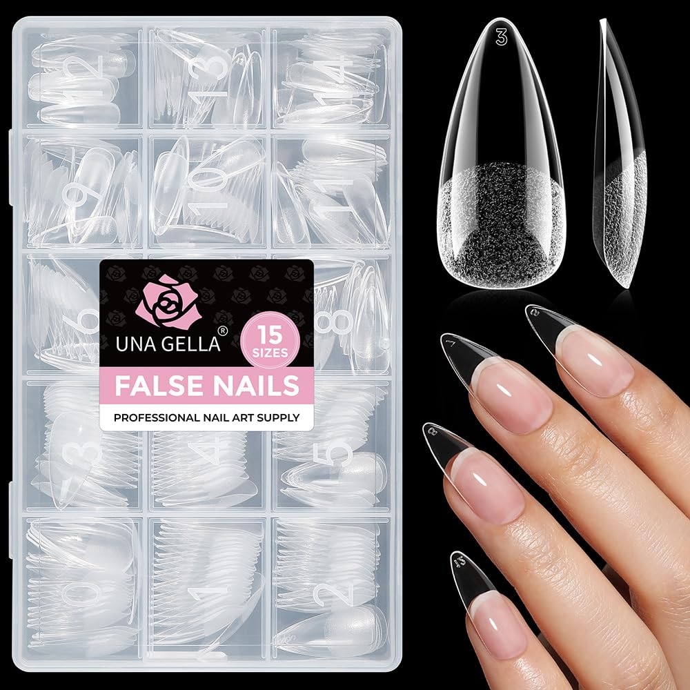UNA GELLA front packaging showing 300-piece stiletto gel tips and benefits