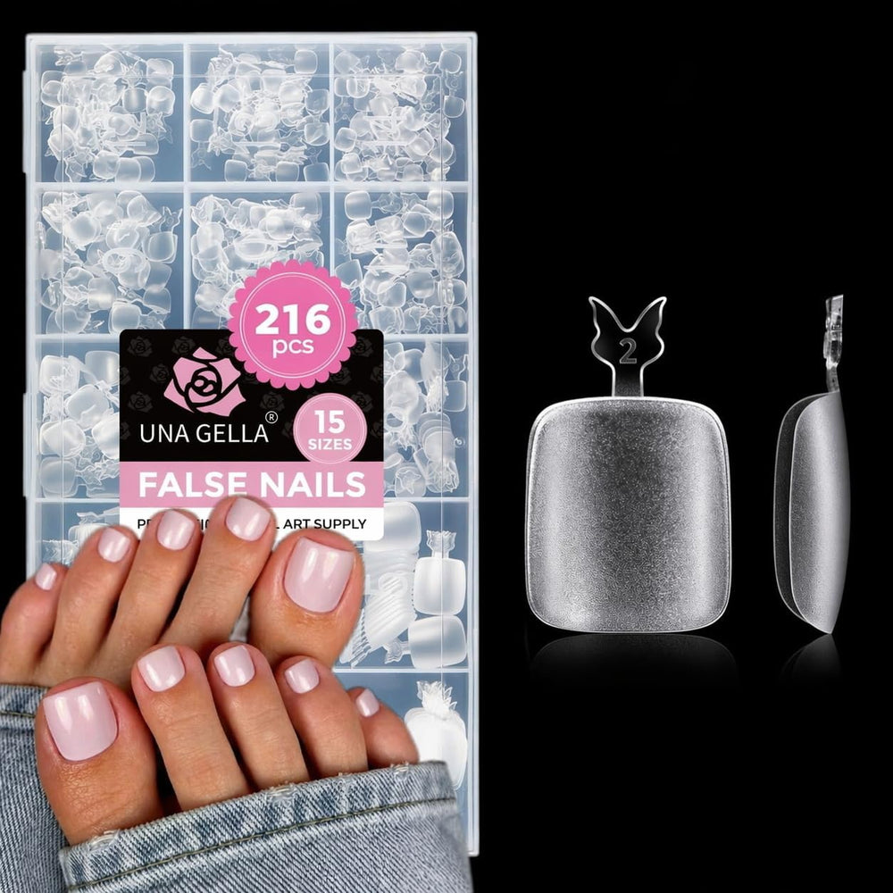 UNA GELLA front packaging showing 216-piece toe tips set and benefits