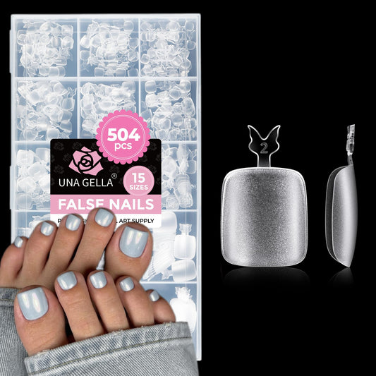 UNA GELLA front packaging showing full 504-piece toe tips kit and easy selection benefit