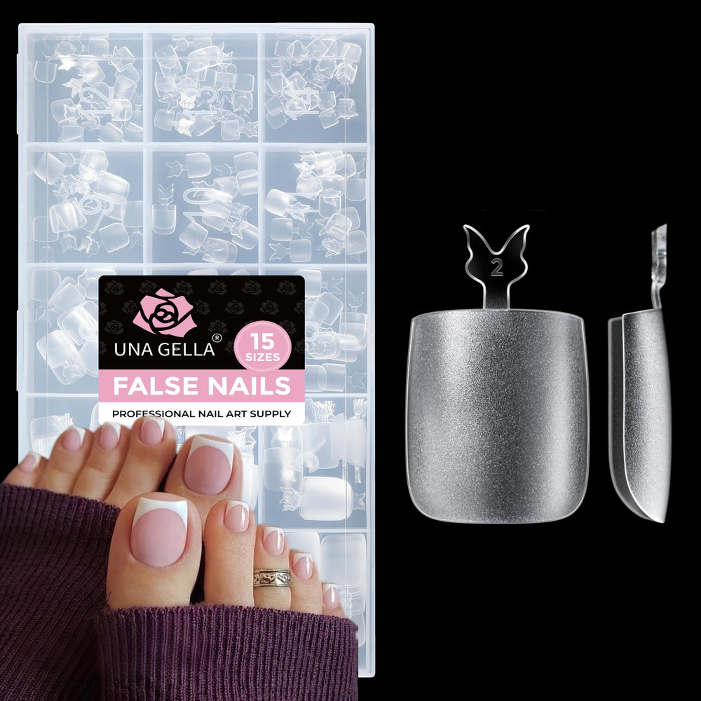 UNA GELLA front packaging showing 216 toe tips and neat storage — clear ready-to-use kit