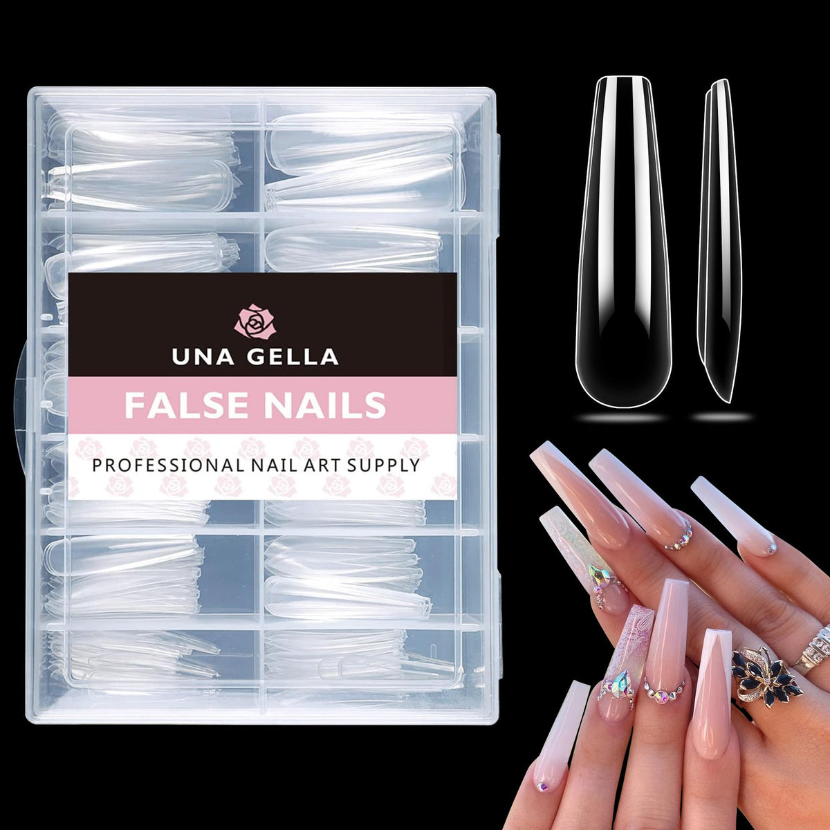 UNA GELLA front packaging of 216 clear XXL coffin tips, ready for salon use