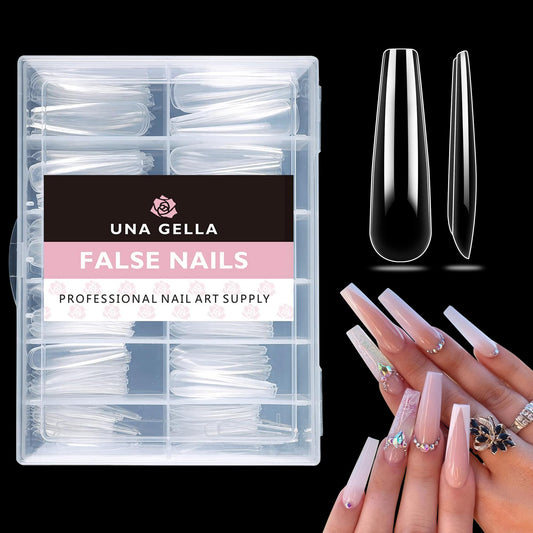 UNA GELLA front packaging of 216 clear XXL coffin tips, ready for salon use