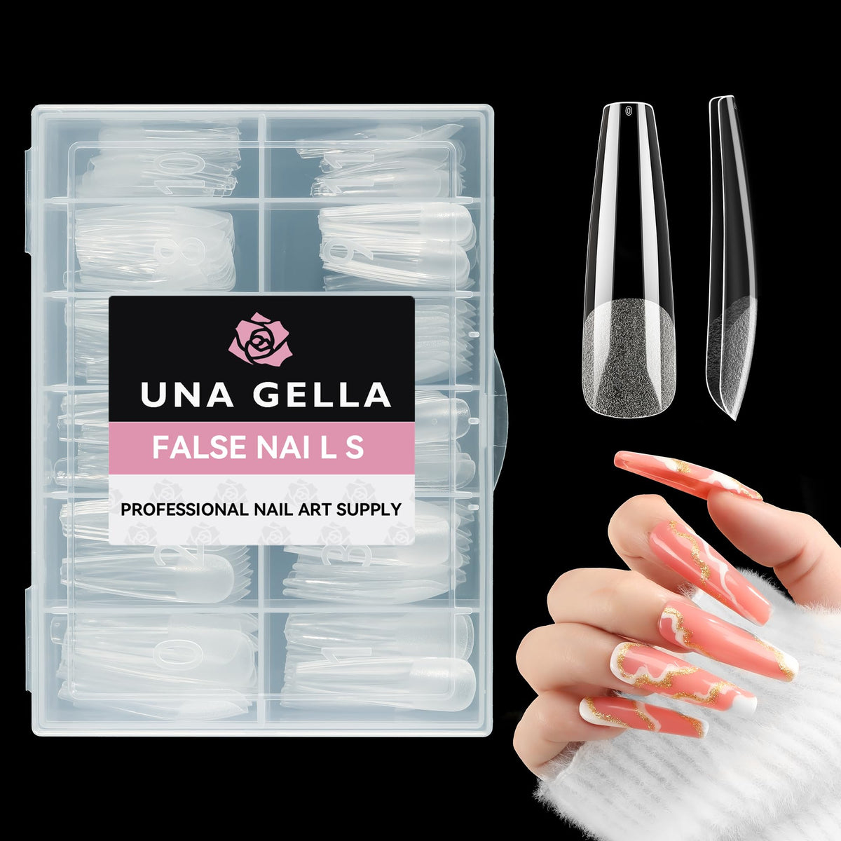 UNA GELLA front packaging showing 120 clear coffin nail tips for easy selection