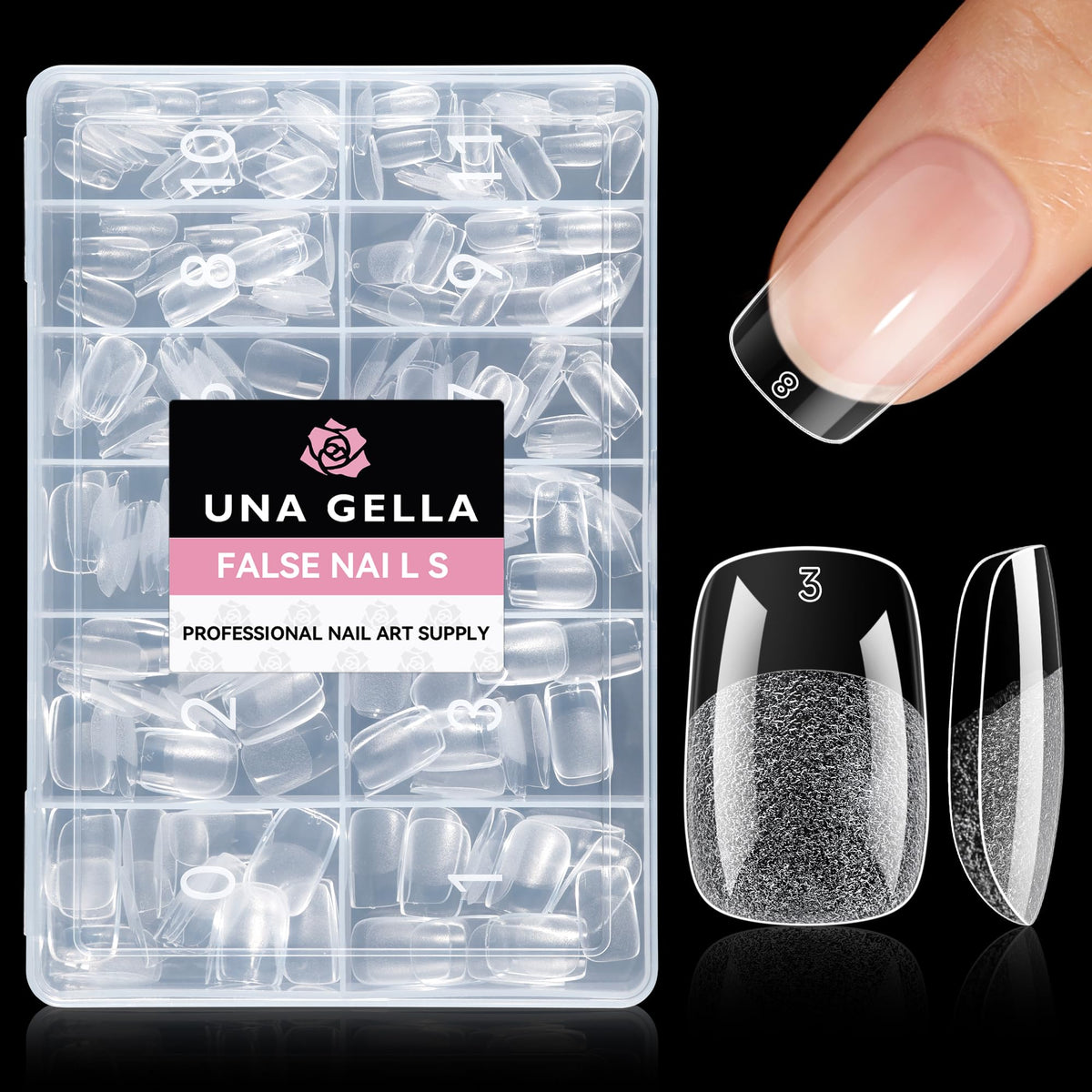 UNA GELLA front packaging showing 216 clear squoval gel nail tips and box benefit fast selection
