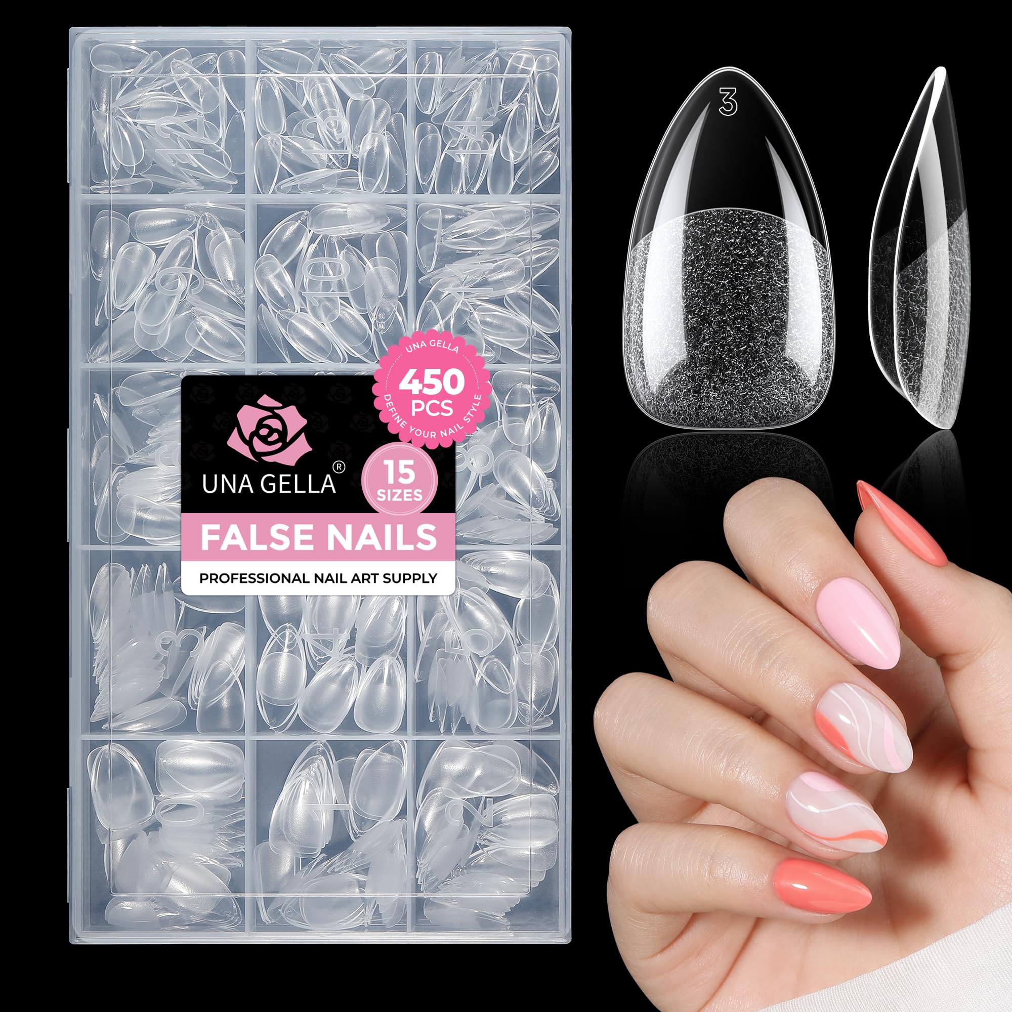 UNA GELLA packaging showing full 450-piece kit and sizes, easy selection benefit