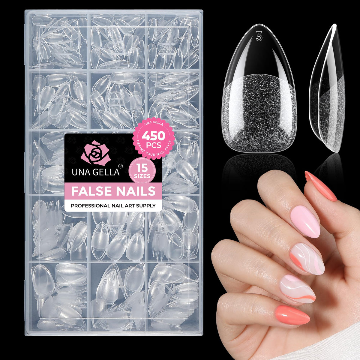 UNA GELLA packaging showing full 450-piece kit and sizes, easy selection benefit