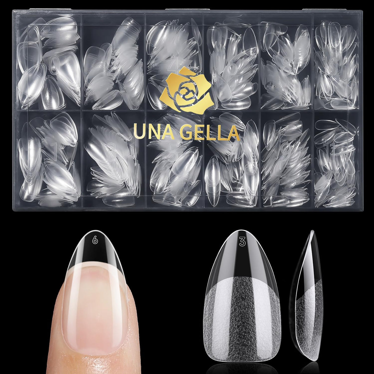 UNA GELLA front packaging showing 240 tips and box, clear organization benefit