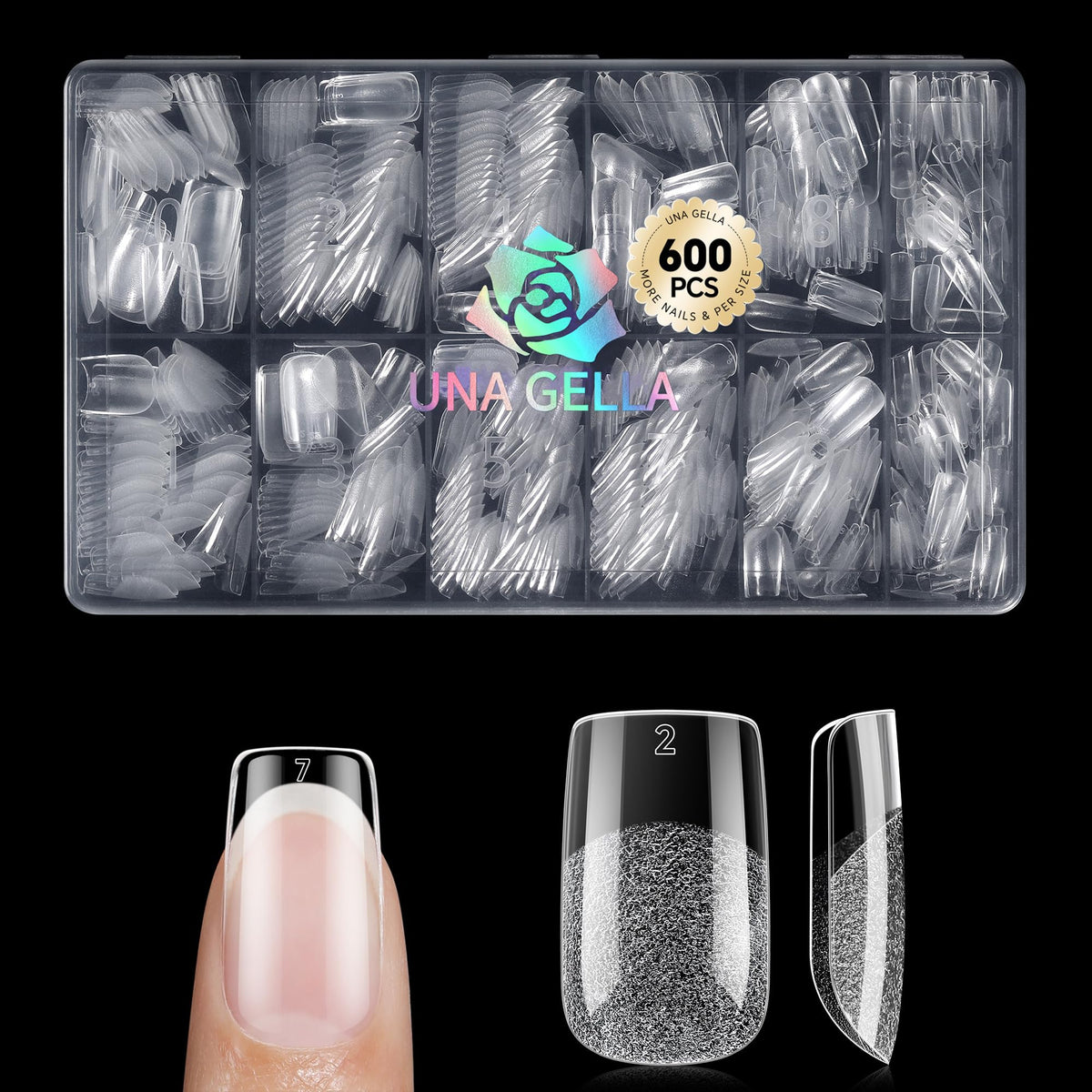UNA GELLA front packaging showing 600pcs bulk tips and clear benefit