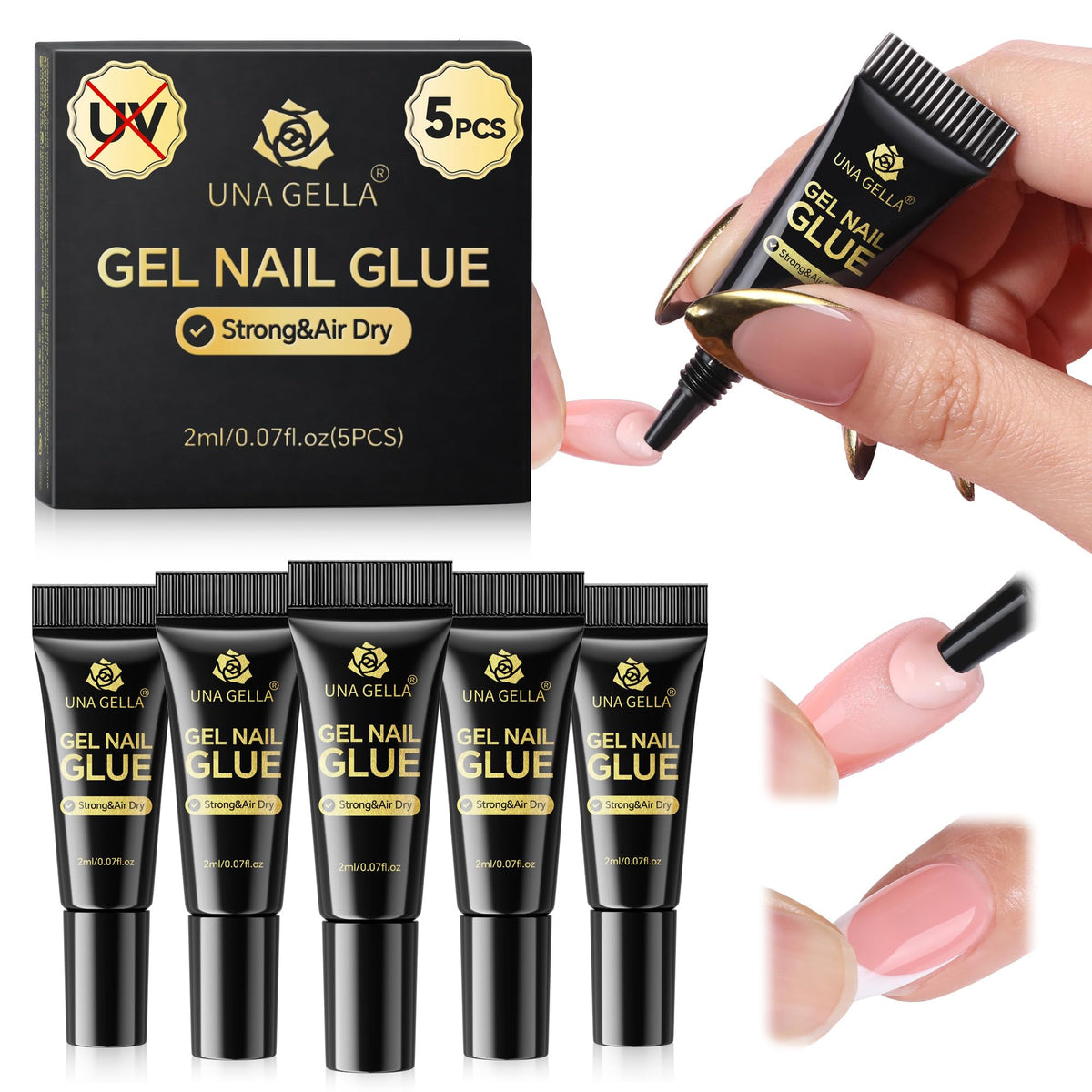 UNA GELLA front packaging showing five mini 2ml tubes and benefits