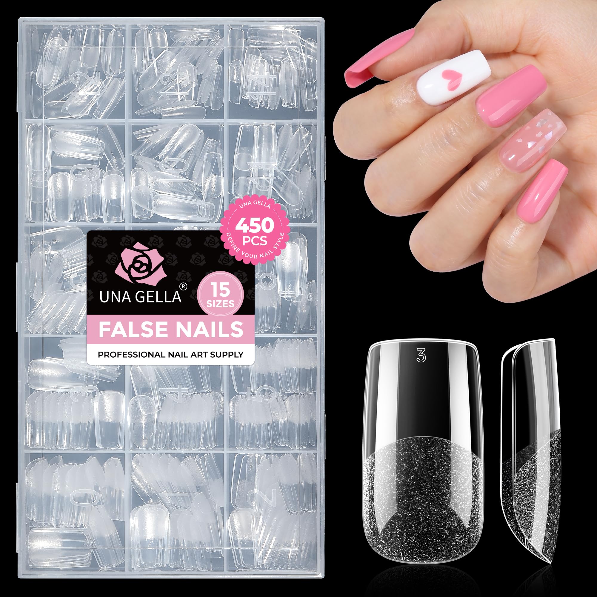 UNA GELLA front packaging showing 450PCS and 15 sizes for easy selection