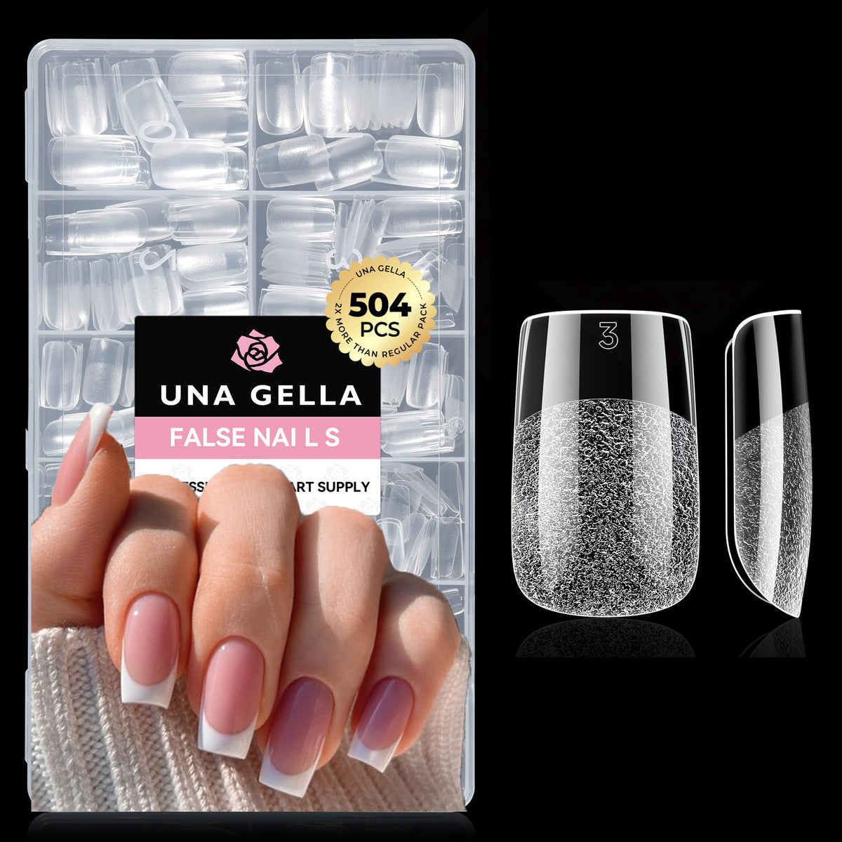 UNA GELLA front packaging showing 504-piece set and benefits