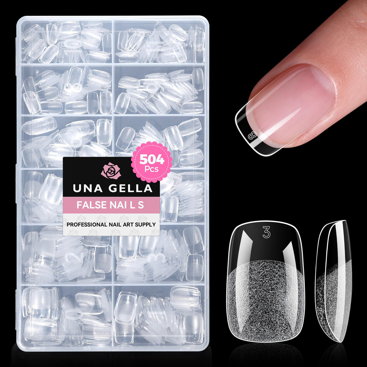 UNA GELLA front packaging showing 504-piece kit and sizes for fast use