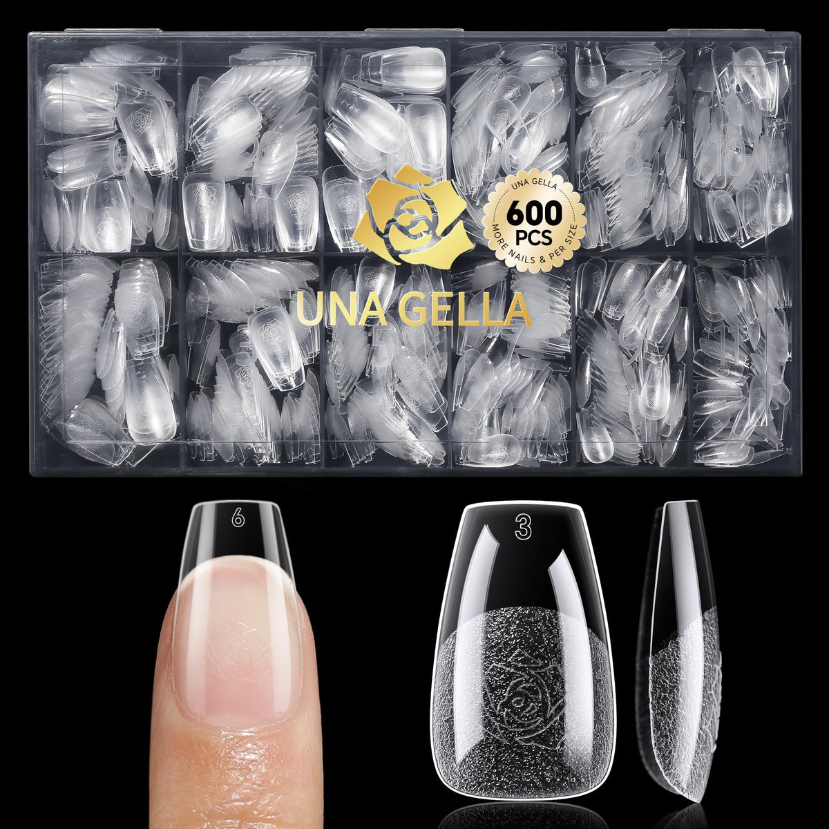 UNA GELLA front packaging showing 600 short coffin gel tips and storage box for convenience