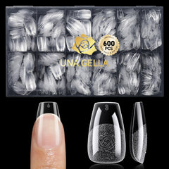 UNA GELLA front packaging showing 600 short coffin gel tips and storage box for convenience