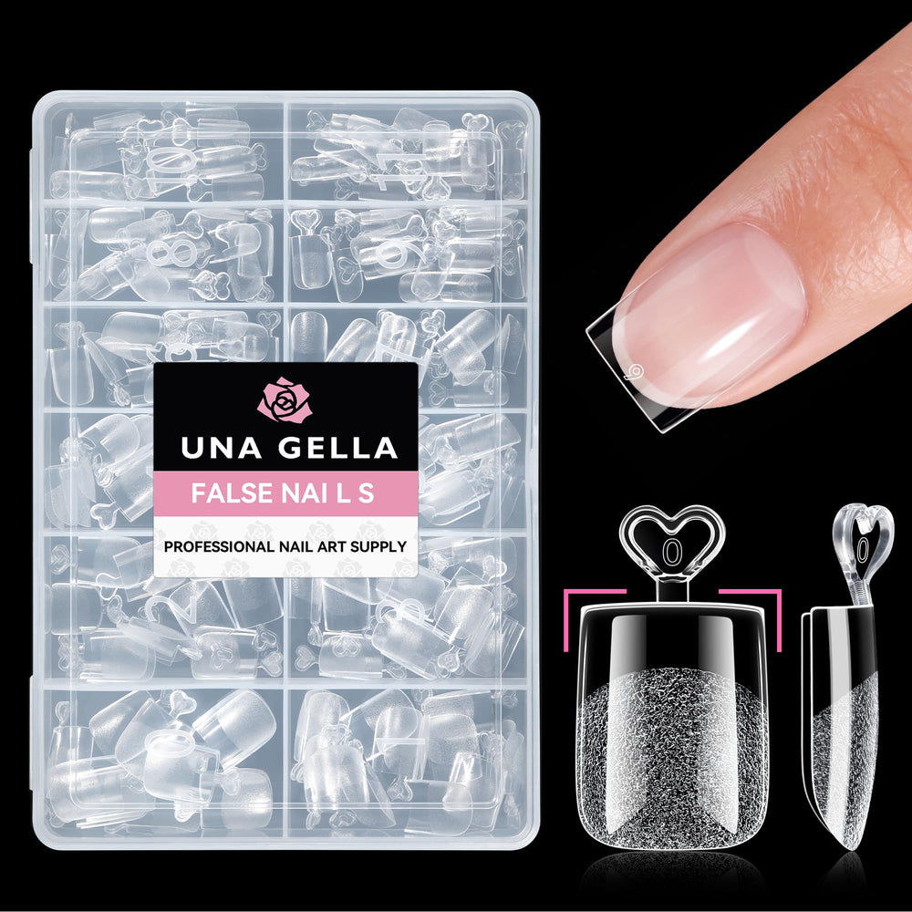 UNA GELLA front packaging showing organized 216-piece clear tips and sizes