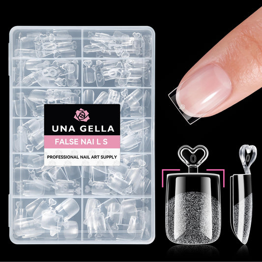 UNA GELLA front packaging showing organized 216-piece clear tips and sizes