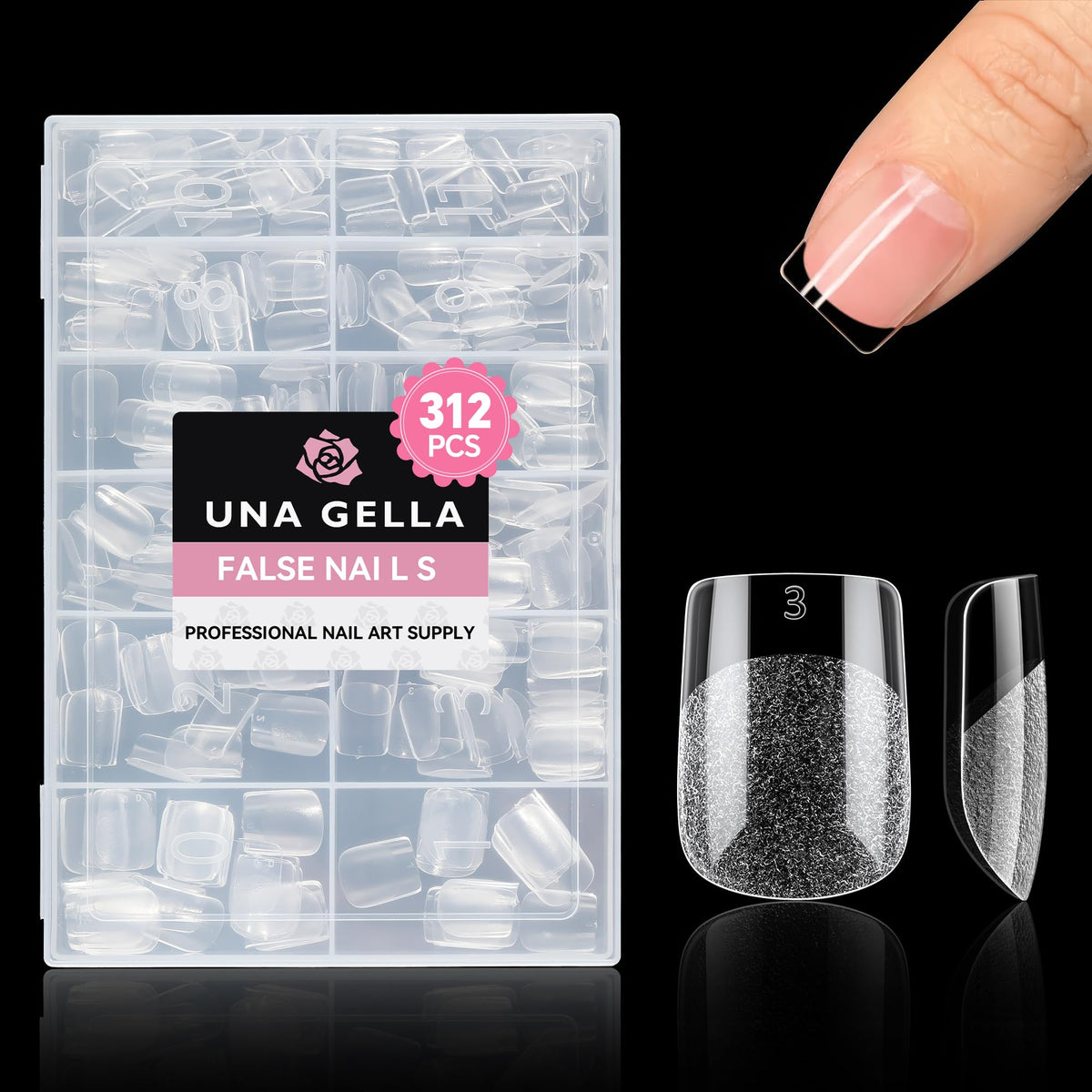 UNA GELLA front packaging showing 312pcs kit and sizes, quick selection benefit