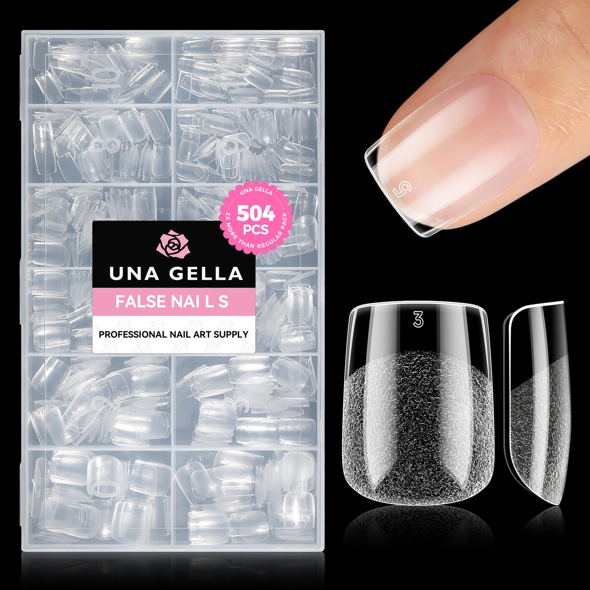 UNA GELLA front packaging showing 504-piece kit and included sizes, convenient supply