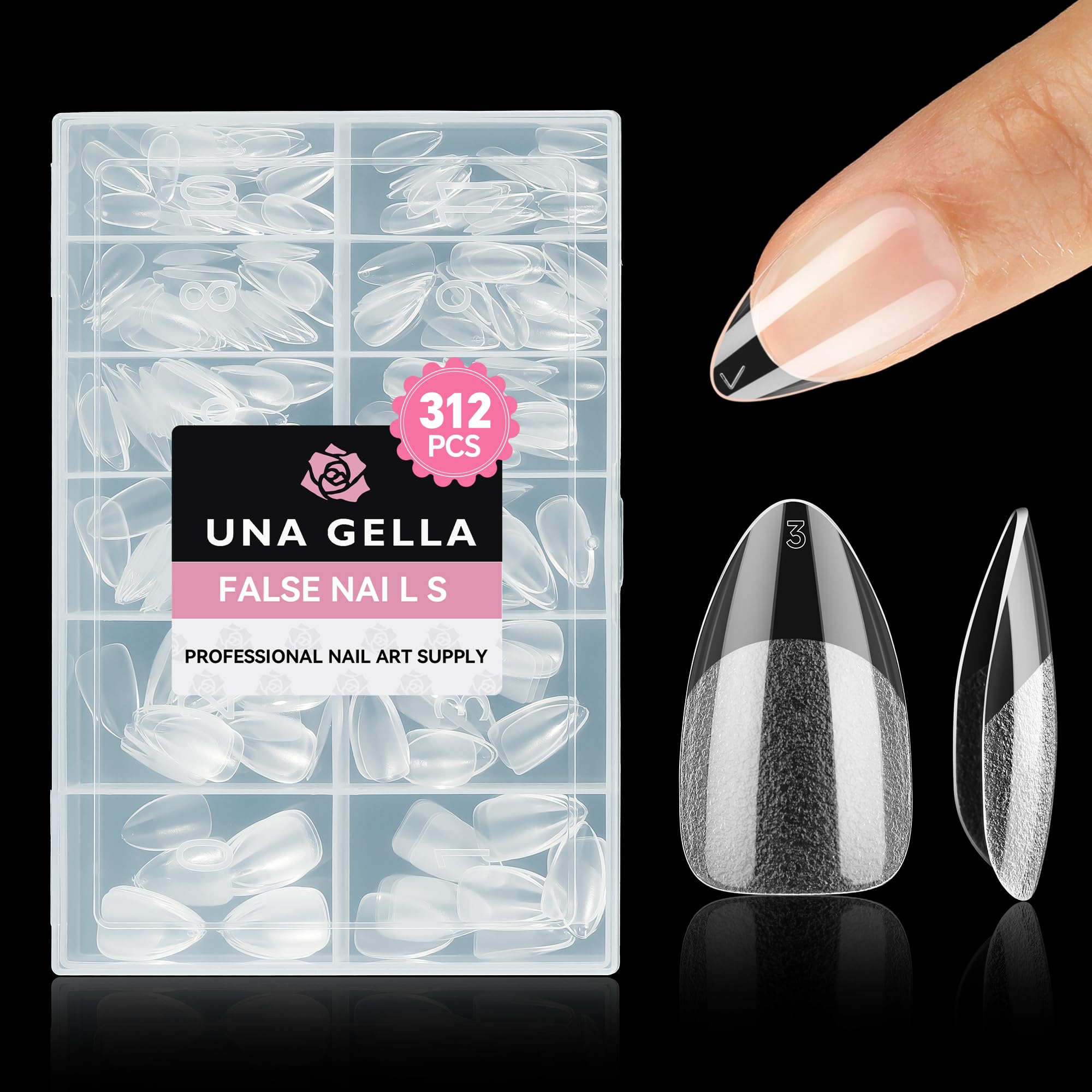 UNA GELLA front packaging showing full 312pcs kit and clear tips for easy selection