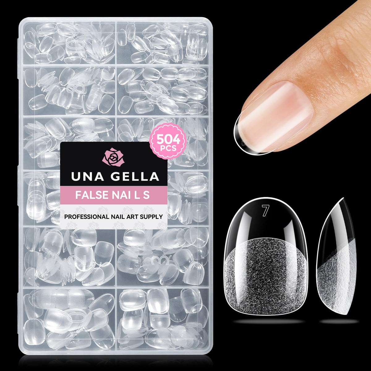 UNA GELLA front pack of 504 clear oval nail tips showing quantity and full cover benefit