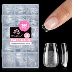 UNA GELLA front packaging showing full 360-piece coffin tips kit for convenience