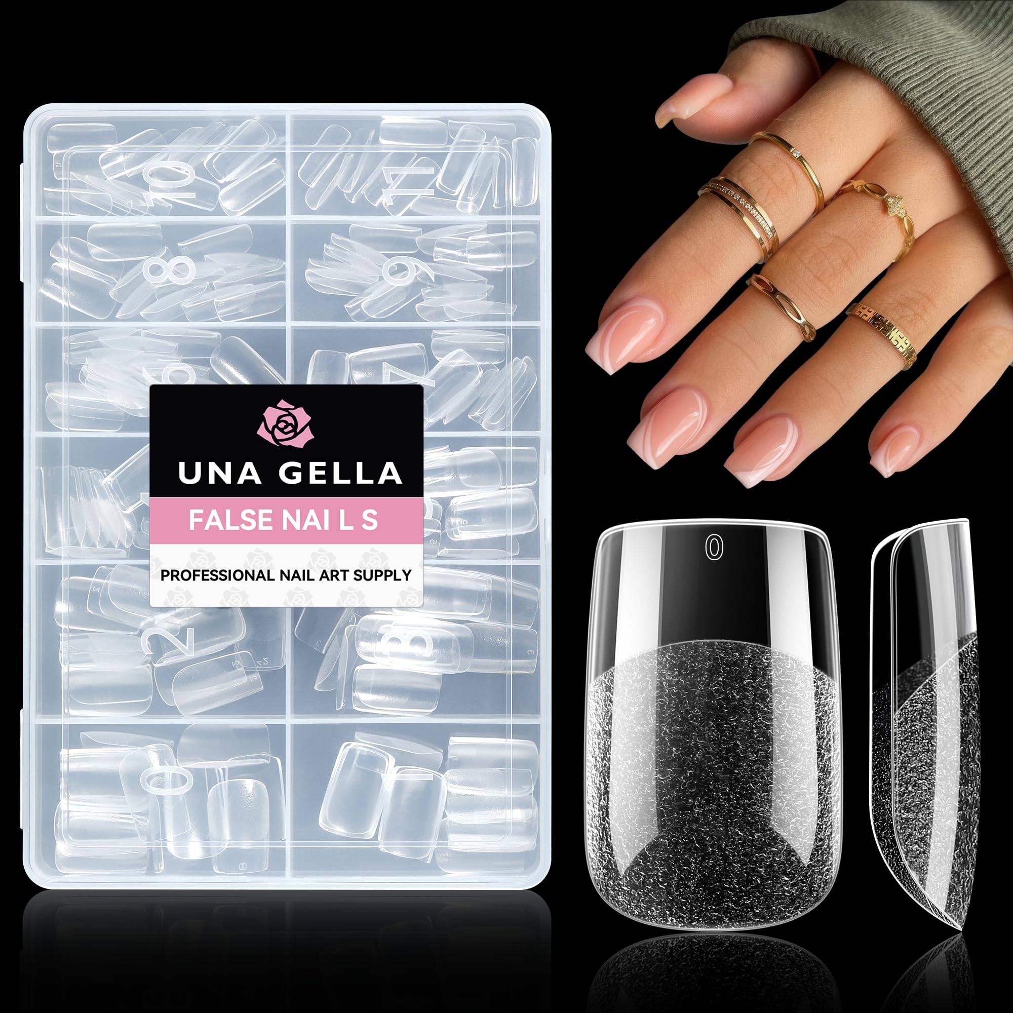 UNA GELLA front packaging showing 216 gel tips and 12 sizes for easy selection