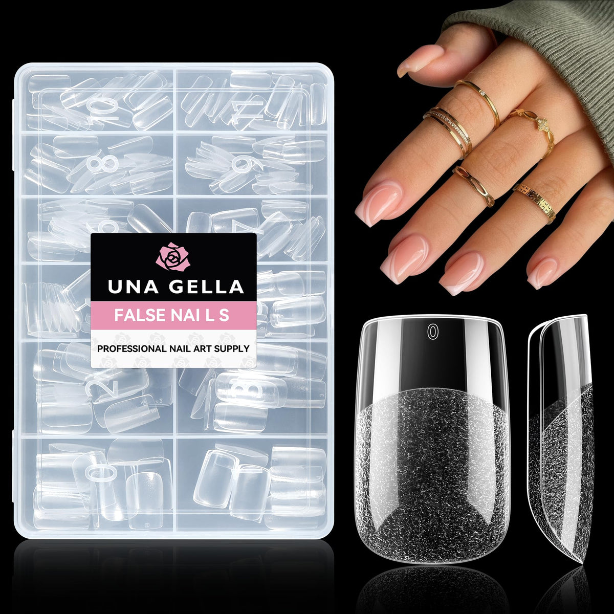 UNA GELLA front packaging showing 216 gel tips and 12 sizes for easy selection