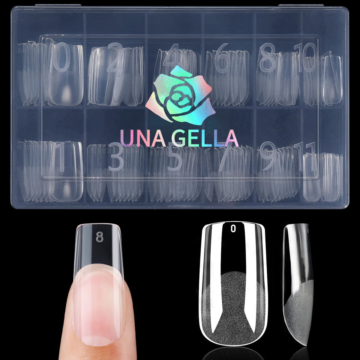 UNA GELLA front packaging tray showing 120 clear square tips and sizes for fast selection