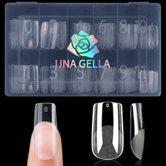UNA GELLA front packaging tray showing 120 clear square tips and sizes for fast selection