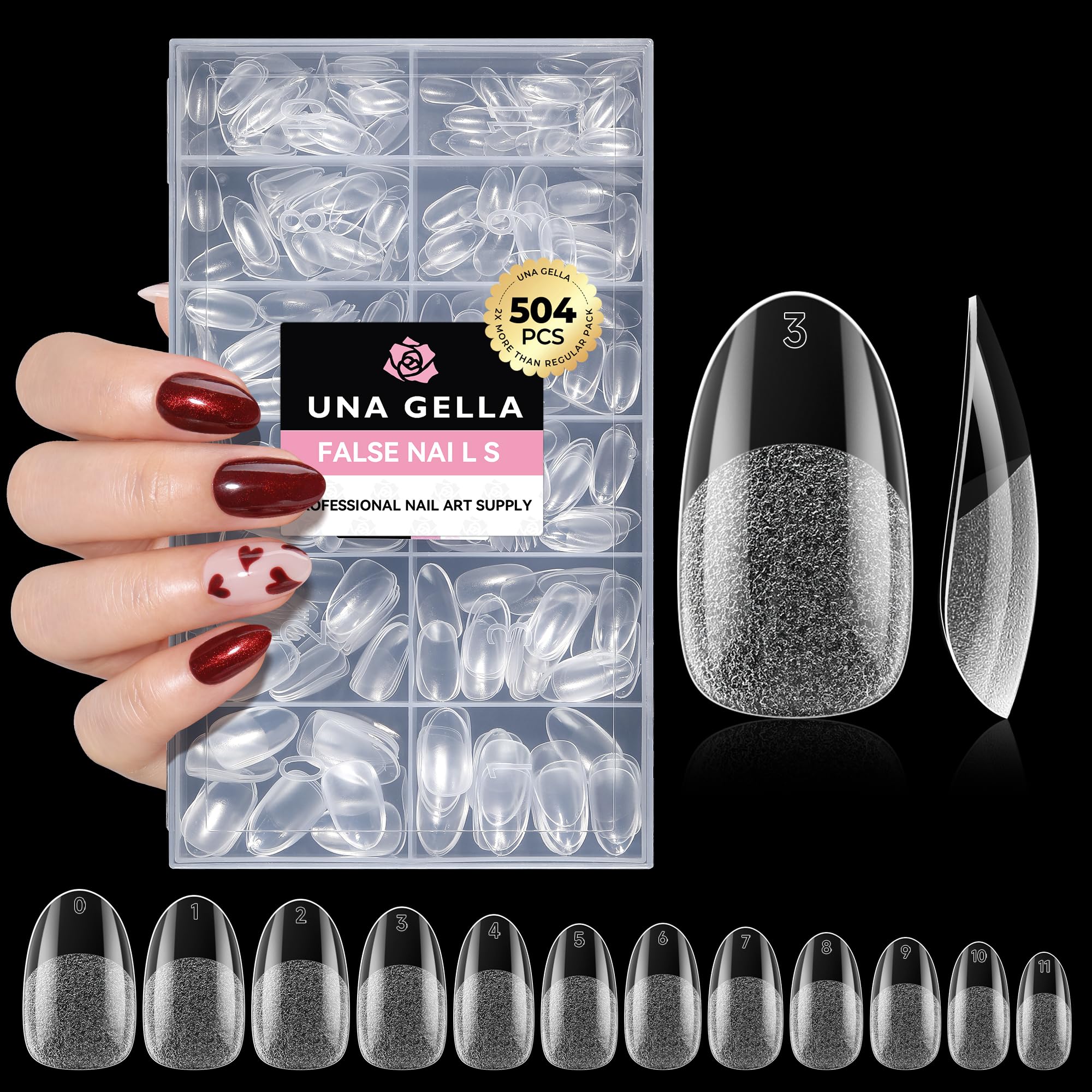 UNA GELLA front packaging showing 504 soft gel tips, convenient kit benefit