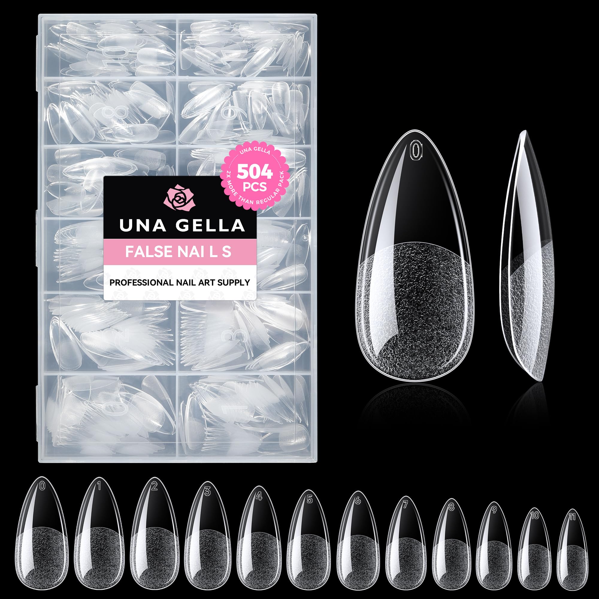UNA GELLA front packaging showing full 504-piece kit and clear tips