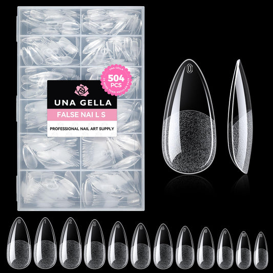 UNA GELLA front packaging showing full 504-piece kit and clear tips