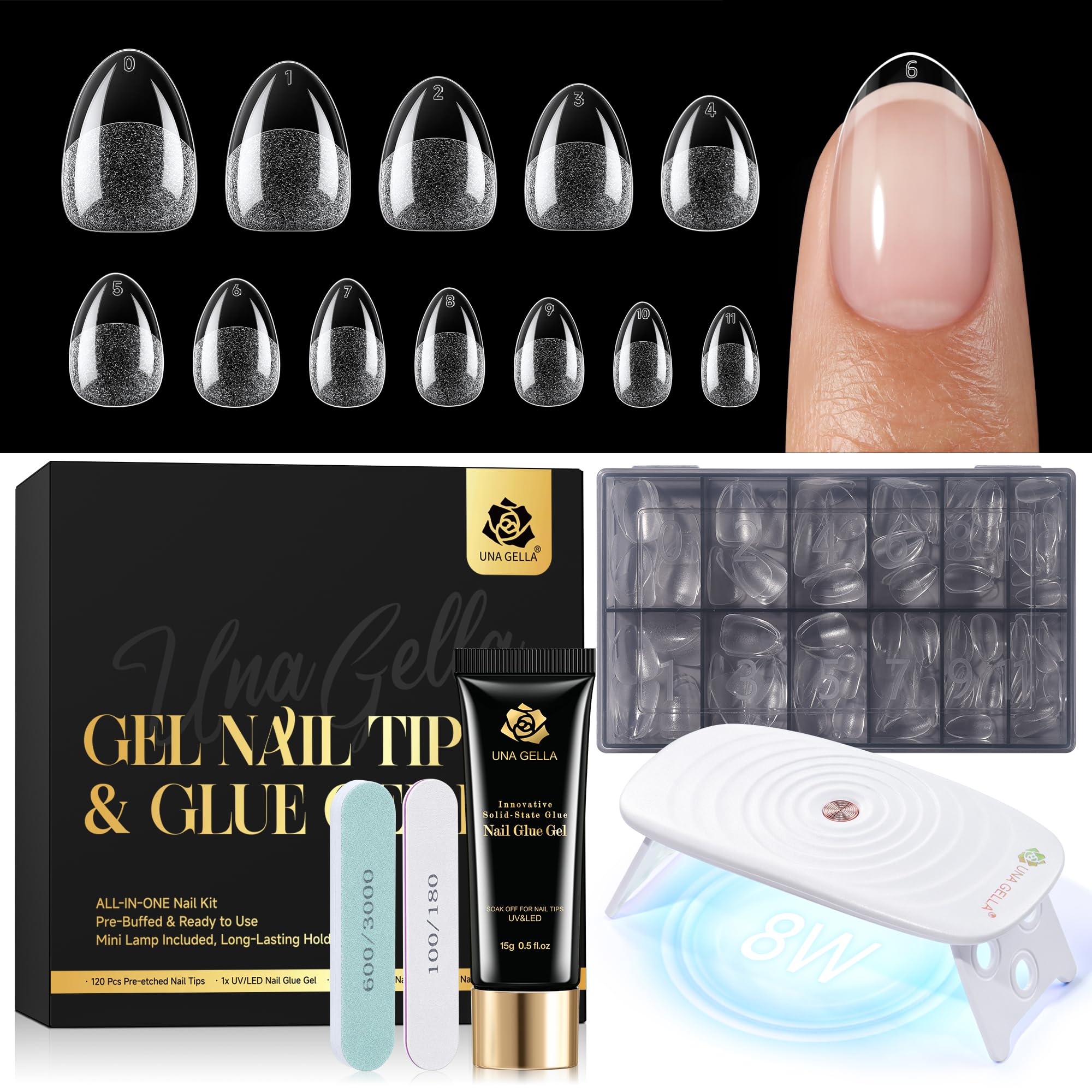 UNA GELLA front packaging showing complete gel nail kit and benefits