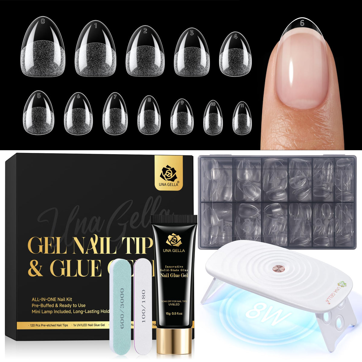 UNA GELLA front packaging showing complete gel nail kit and benefits