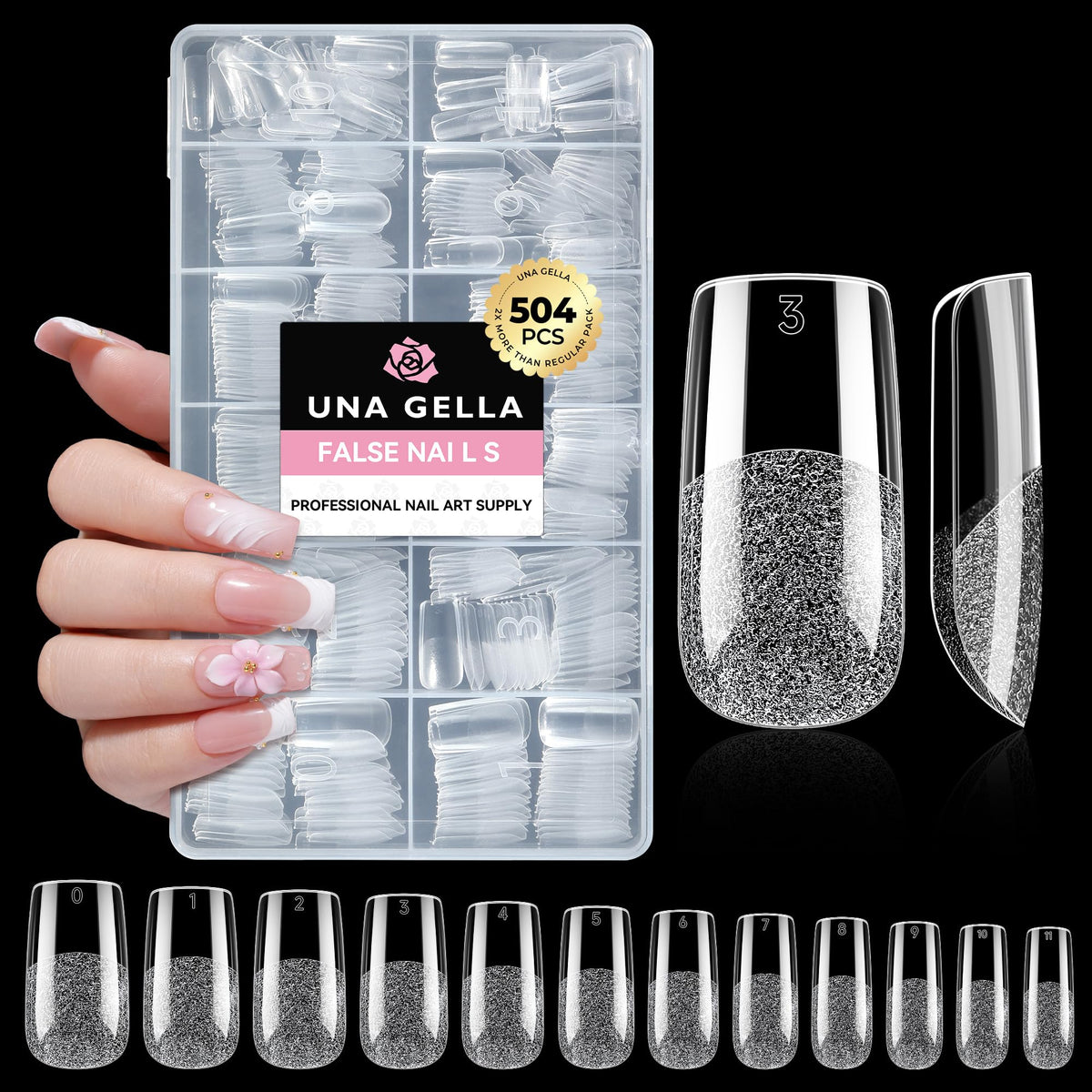 UNA GELLA front packaging showing full 504-piece kit and organized boxes for convenience