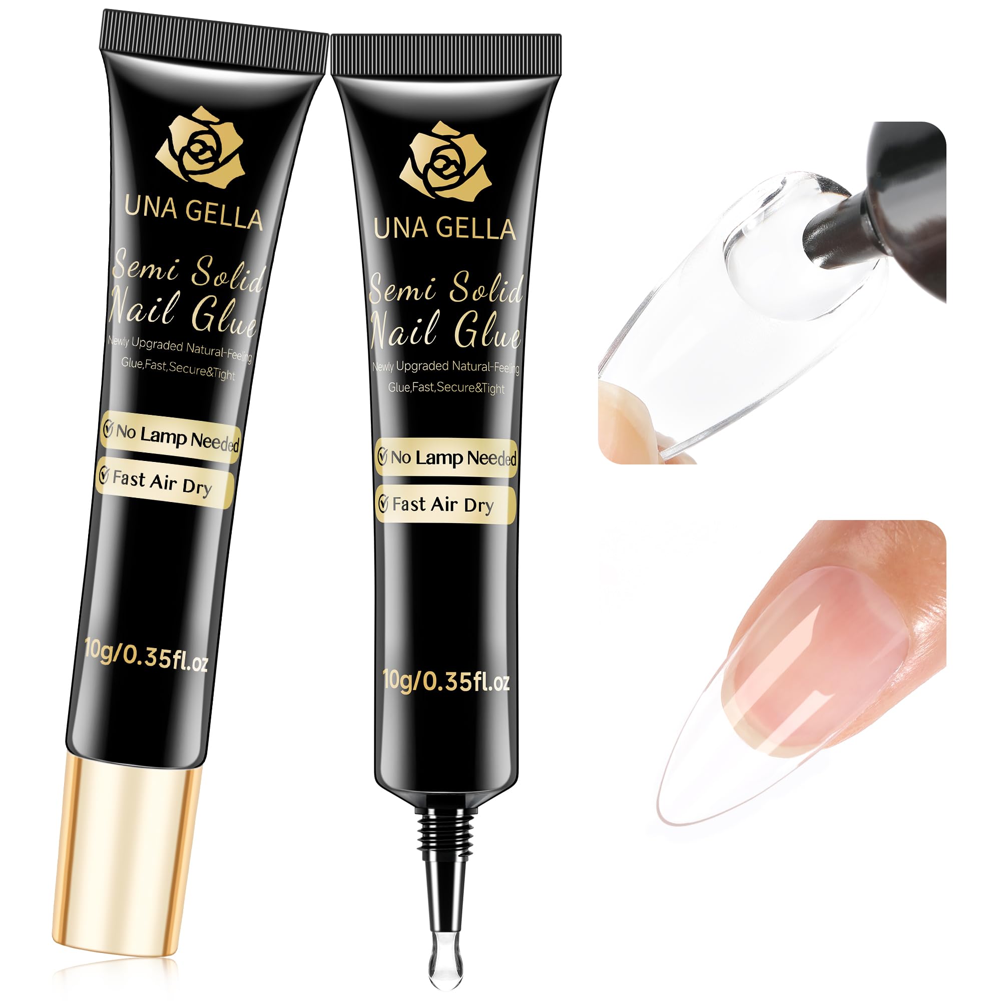 UNA GELLA front view of both 10ml glue tubes showing label and cap for quick identification