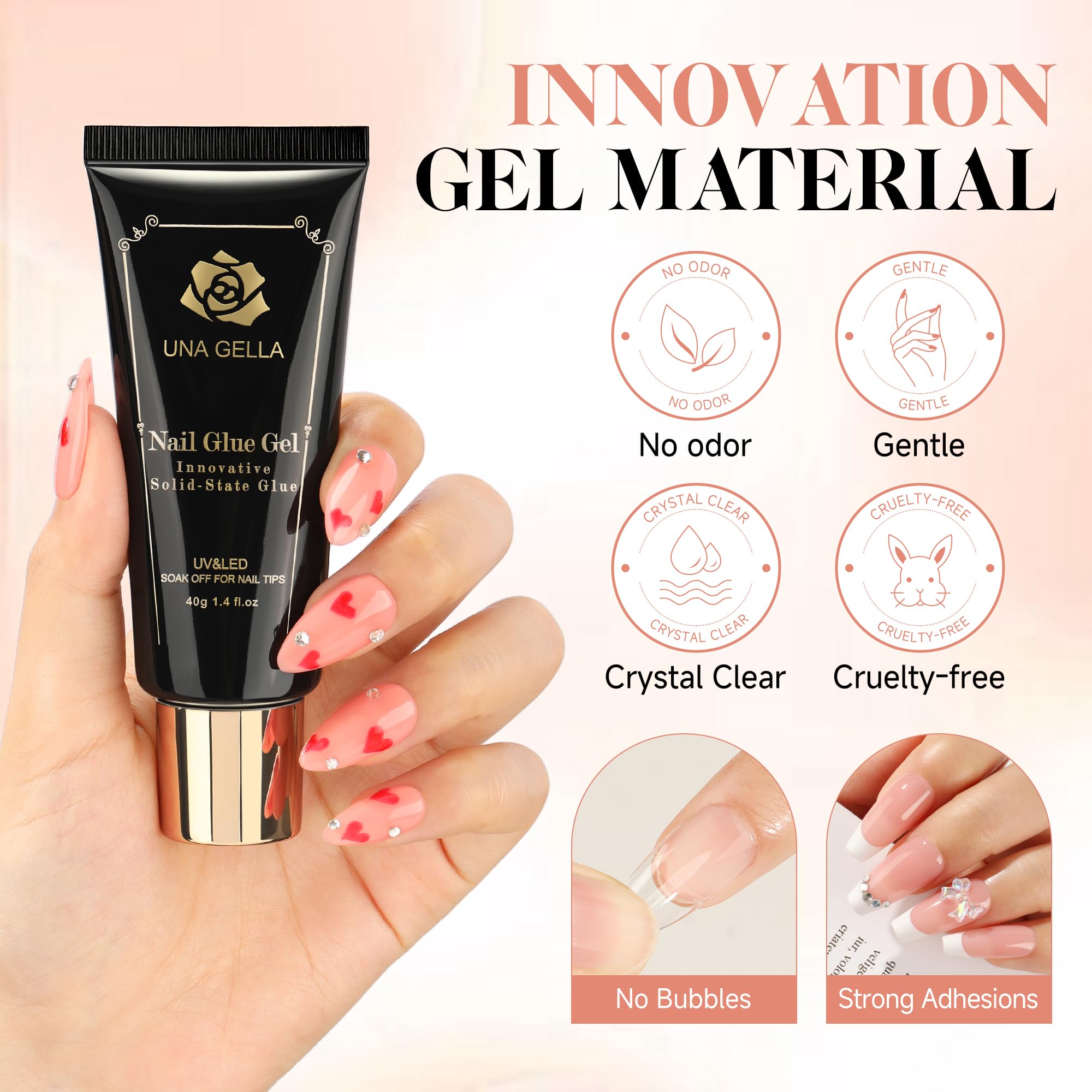 UNA GELLA gel texture macro showing smooth, clear gel for a non-yellowing finish