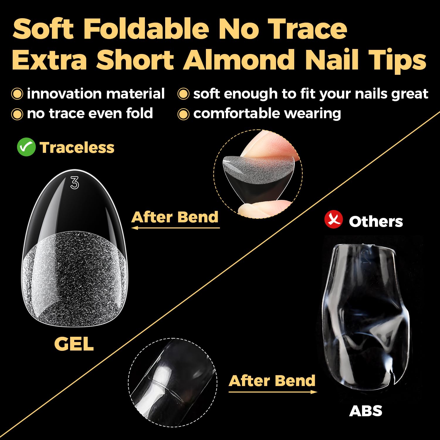 UNA GELLA tips held in hand showing extra-short scale and natural fit benefit