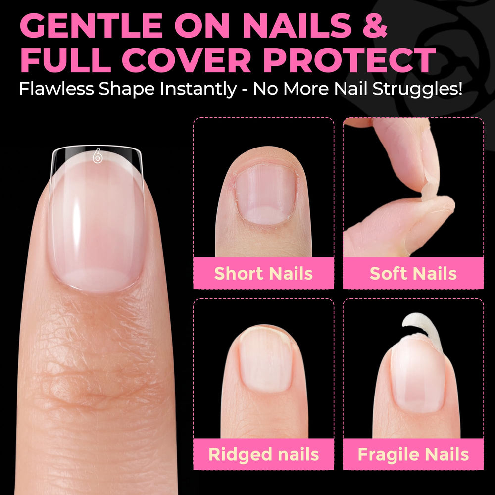 UNA GELLA nail tip being glued to natural nail demonstrating quick application