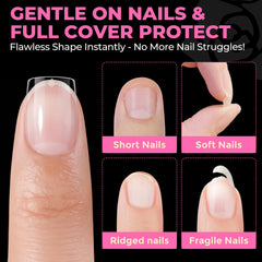 UNA GELLA nail tip being glued to natural nail demonstrating quick application