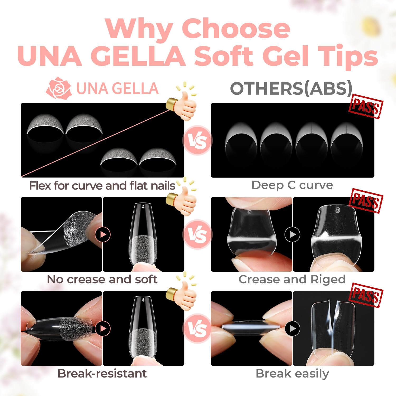UNA GELLA press-on application showing quick, no-file extension benefit