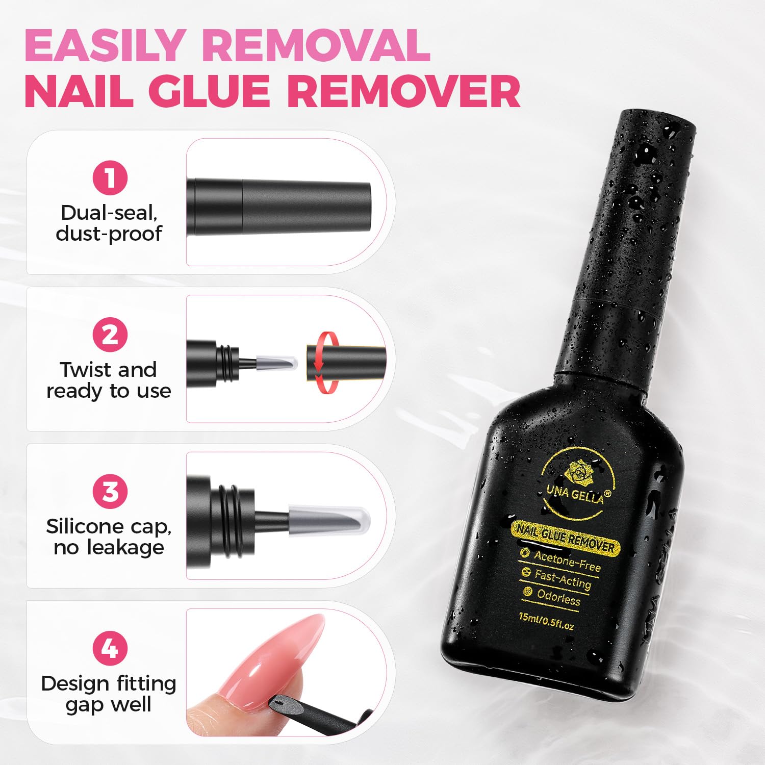 UNA GELLA in use removing press-on nail demonstrating targeted adhesive dissolution