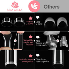 UNA GELLA tips on a hand model showing extra long XXL scale and dramatic length benefit