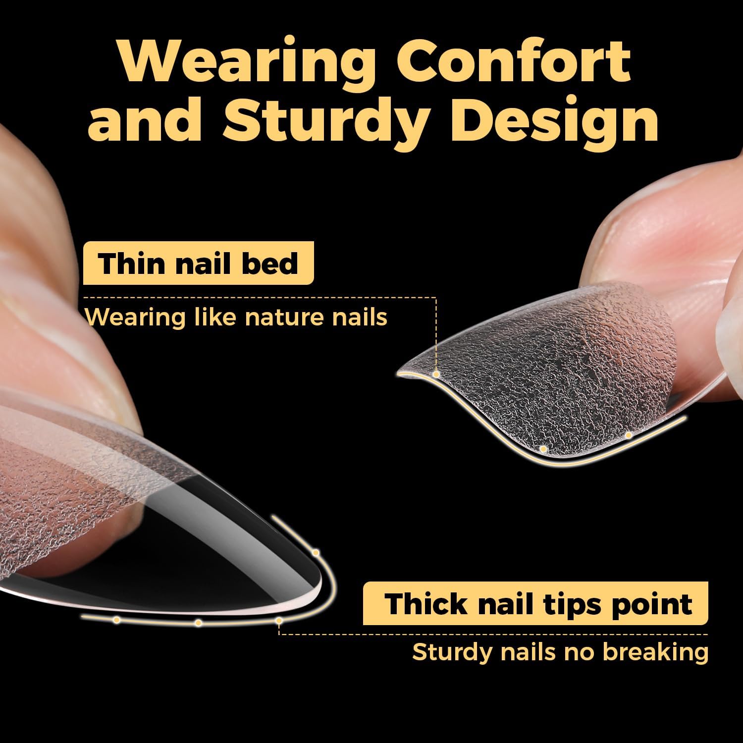 UNA GELLA tips beside ruler illustrating medium almond length for balanced wear