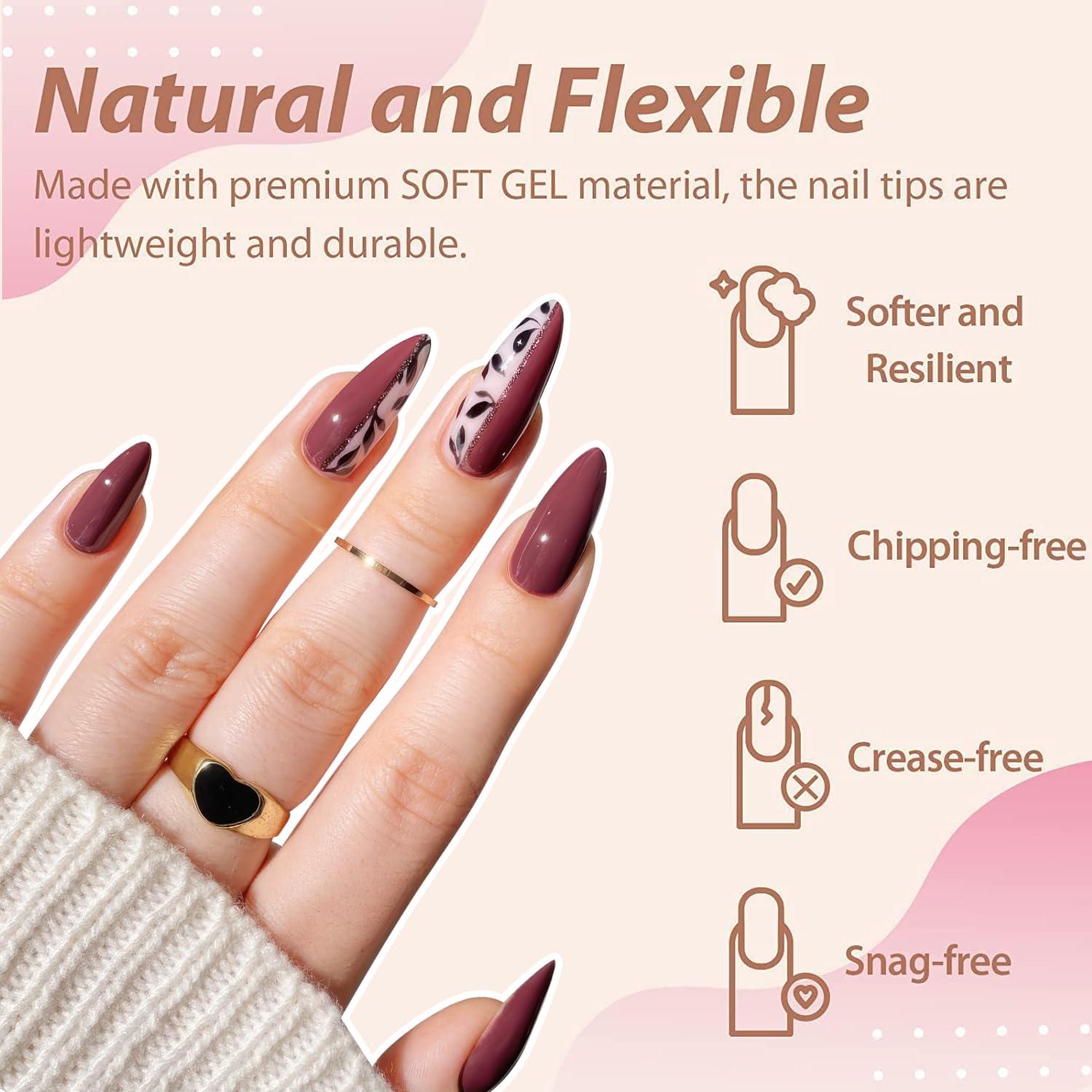 UNA GELLA lifestyle photo of woman wearing almond tips for salon look