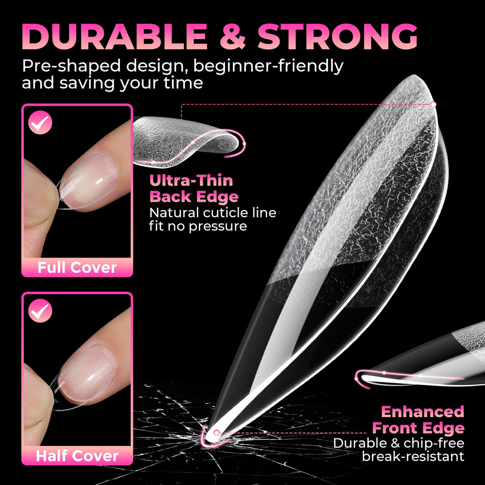 UNA GELLA short almond tips on hand showing natural look and comfortable fit