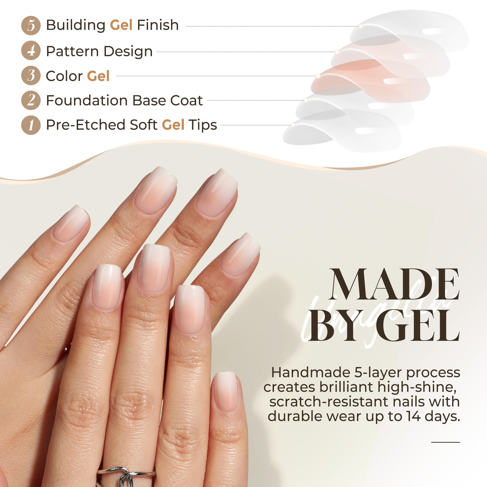 UNA GELLA nails on hand demo showing natural fit and short-square shape benefit realistic wear