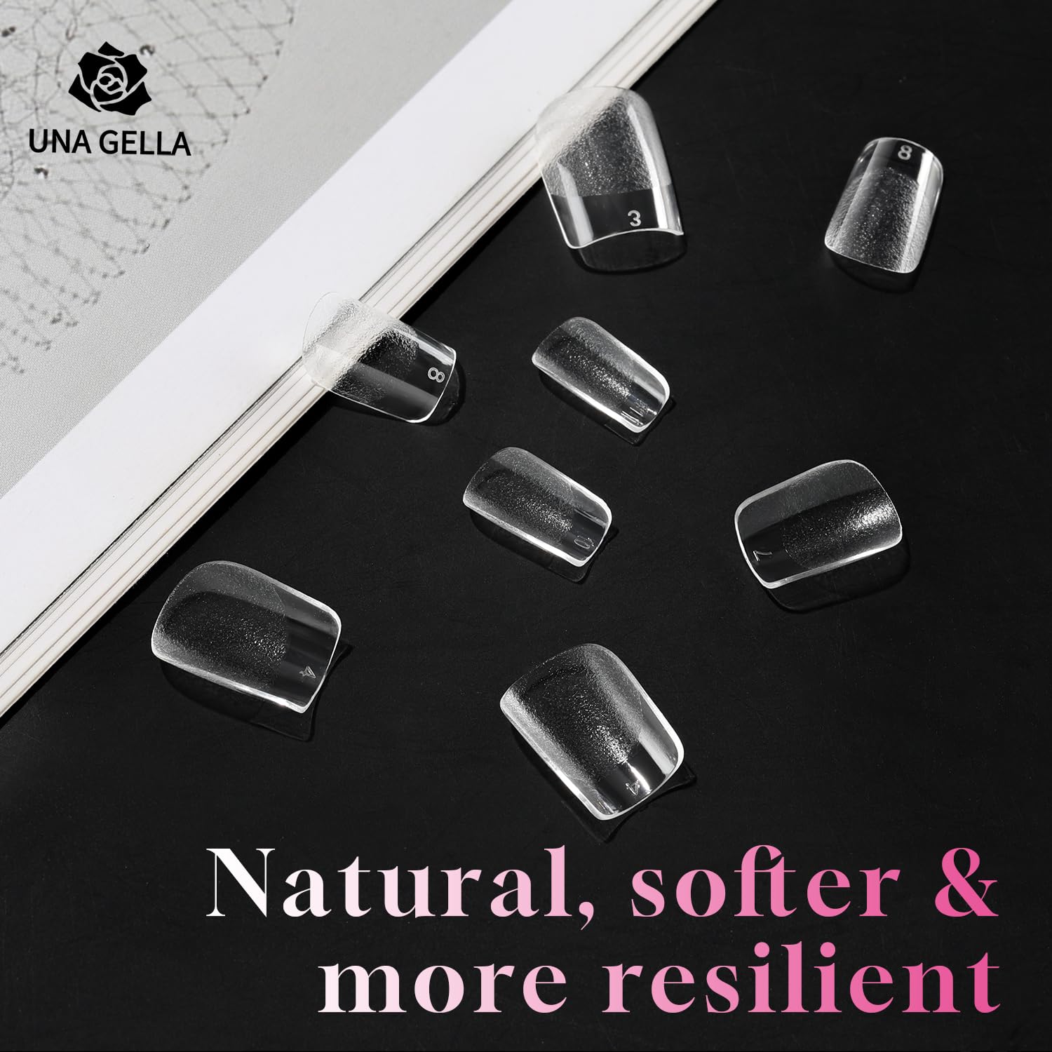 UNA GELLA tip applied on a natural nail demonstrating smooth full cover